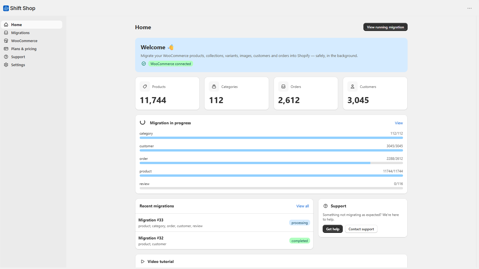 The Shop Shift dashboard showing product, category, order and customer counts with a migration in progress