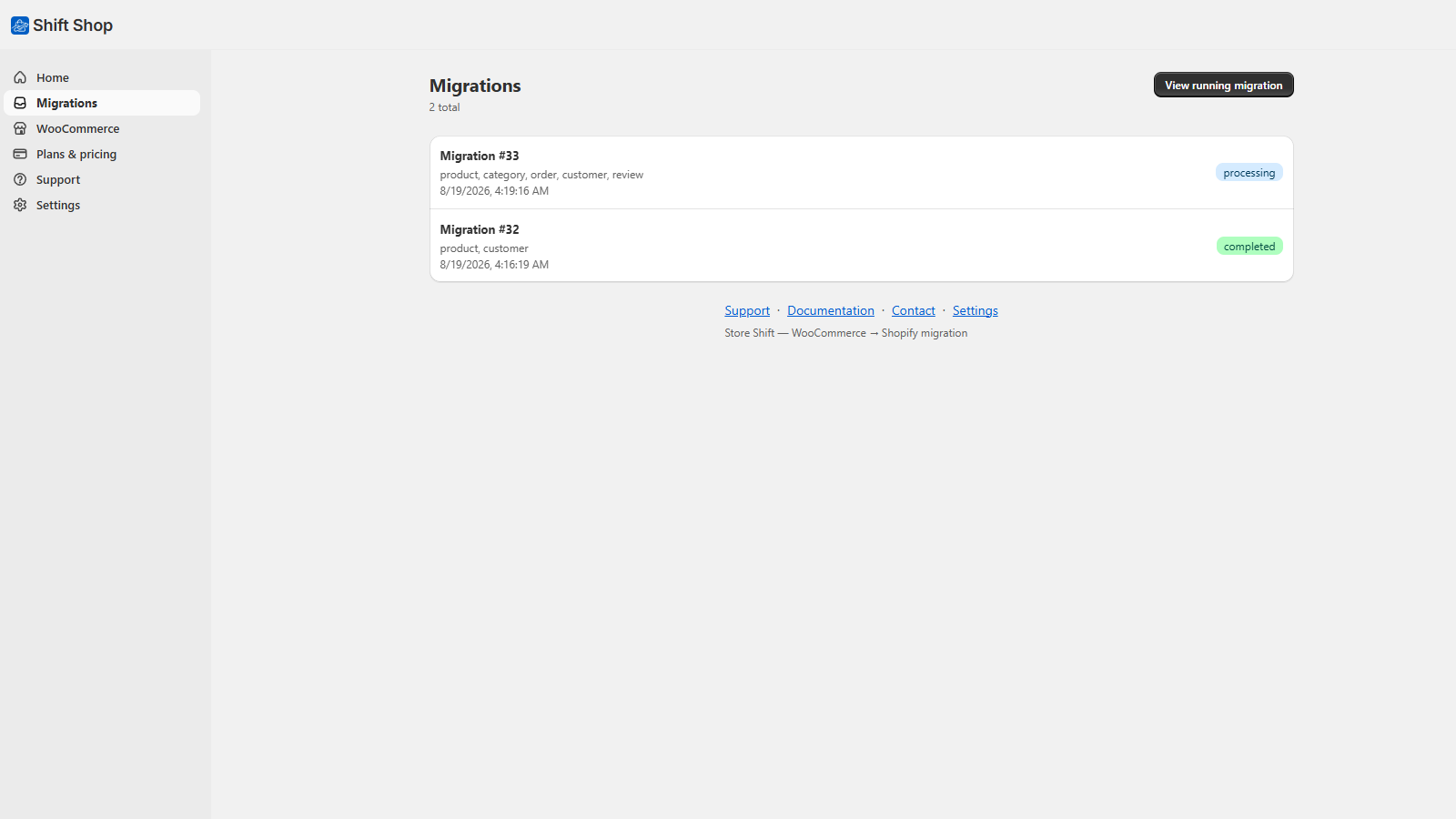 A list of past migrations, one including product, category, order, customer and review data, another with product and customer only