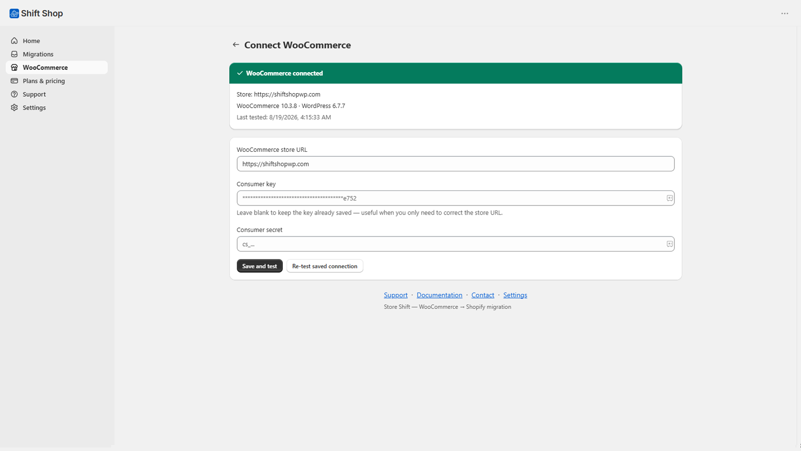 The Connect WooCommerce screen with a store URL, consumer key and secret, and a successful connection banner